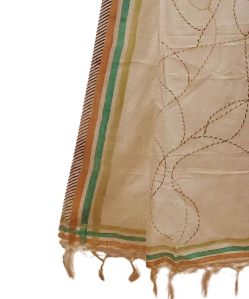 White multicolor thread handwoven silk kantha stitch dupatta