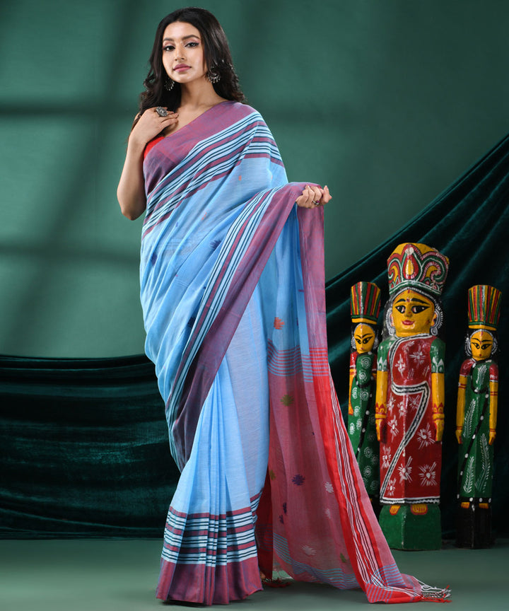 Sky blue red handloom bengal cotton saree