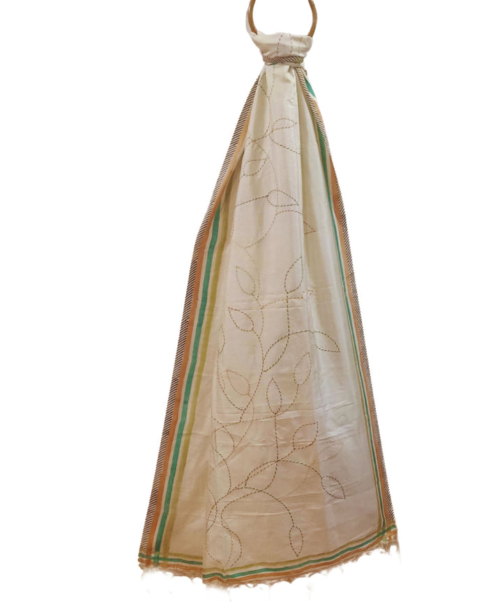 White multicolor thread handwoven silk kantha stitch dupatta