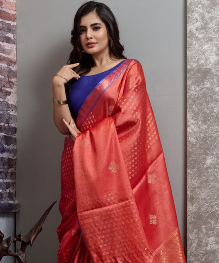 Red chhatisgarh tussar silk handwoven saree