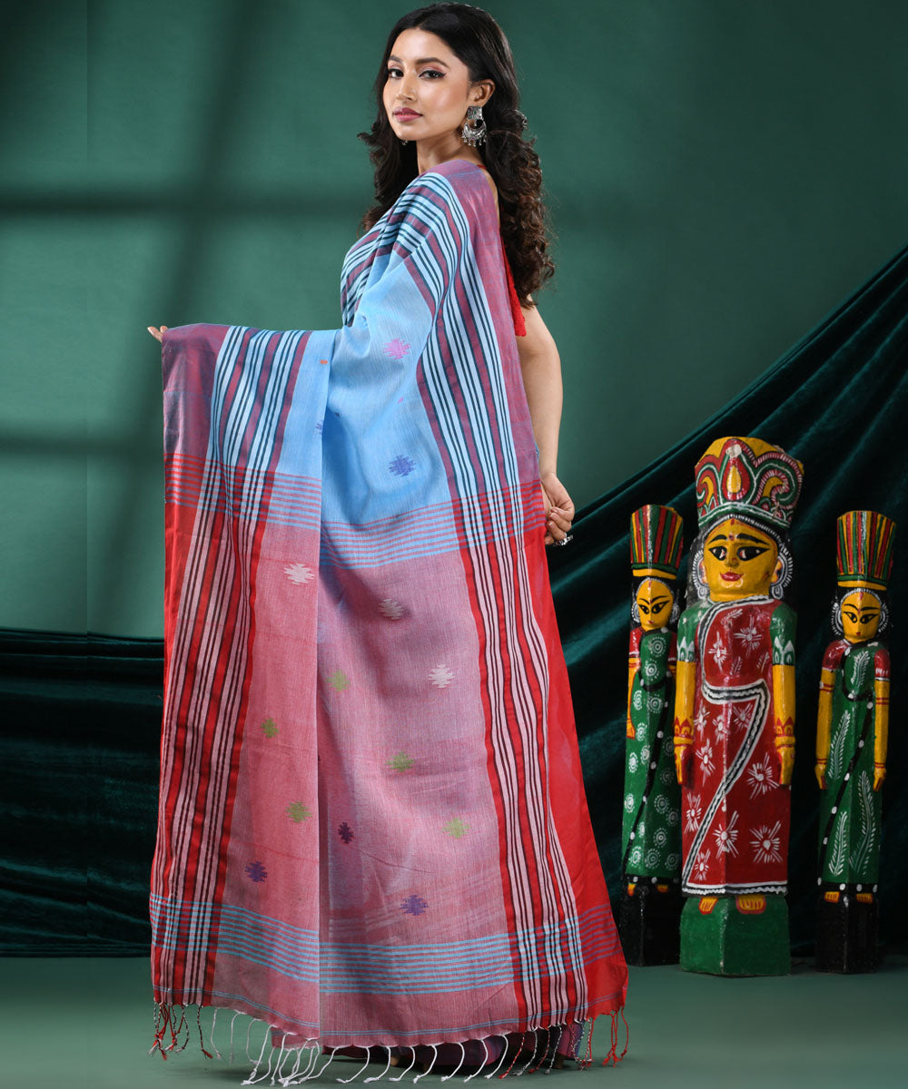 Sky blue red handloom bengal cotton saree