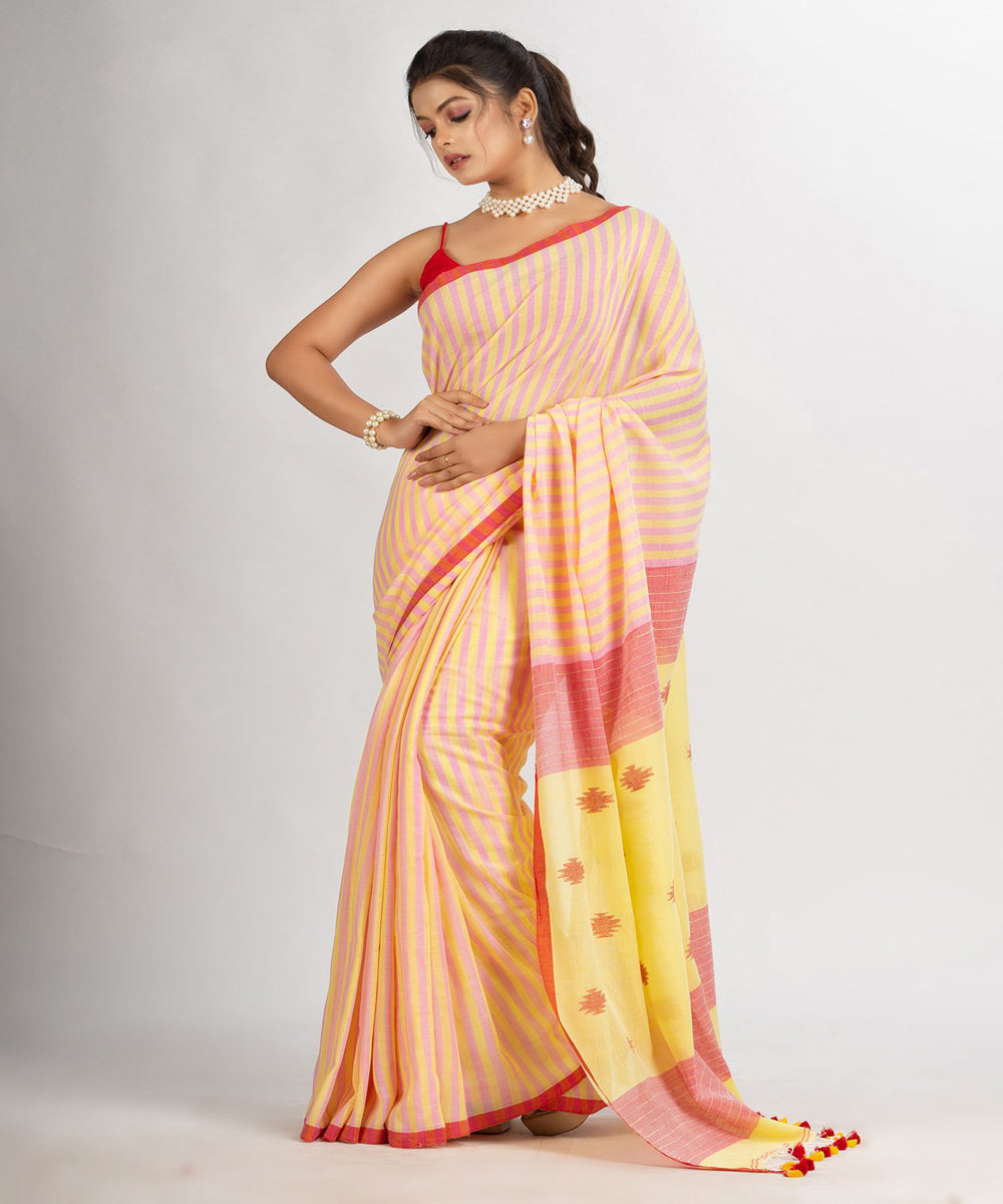 Pink yellow handwoven cotton stripes bengal saree