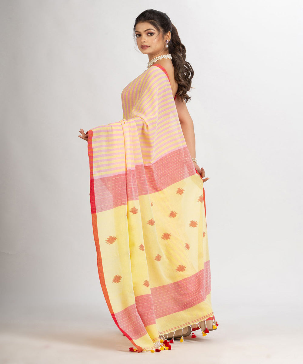 Pink yellow handwoven cotton stripes bengal saree