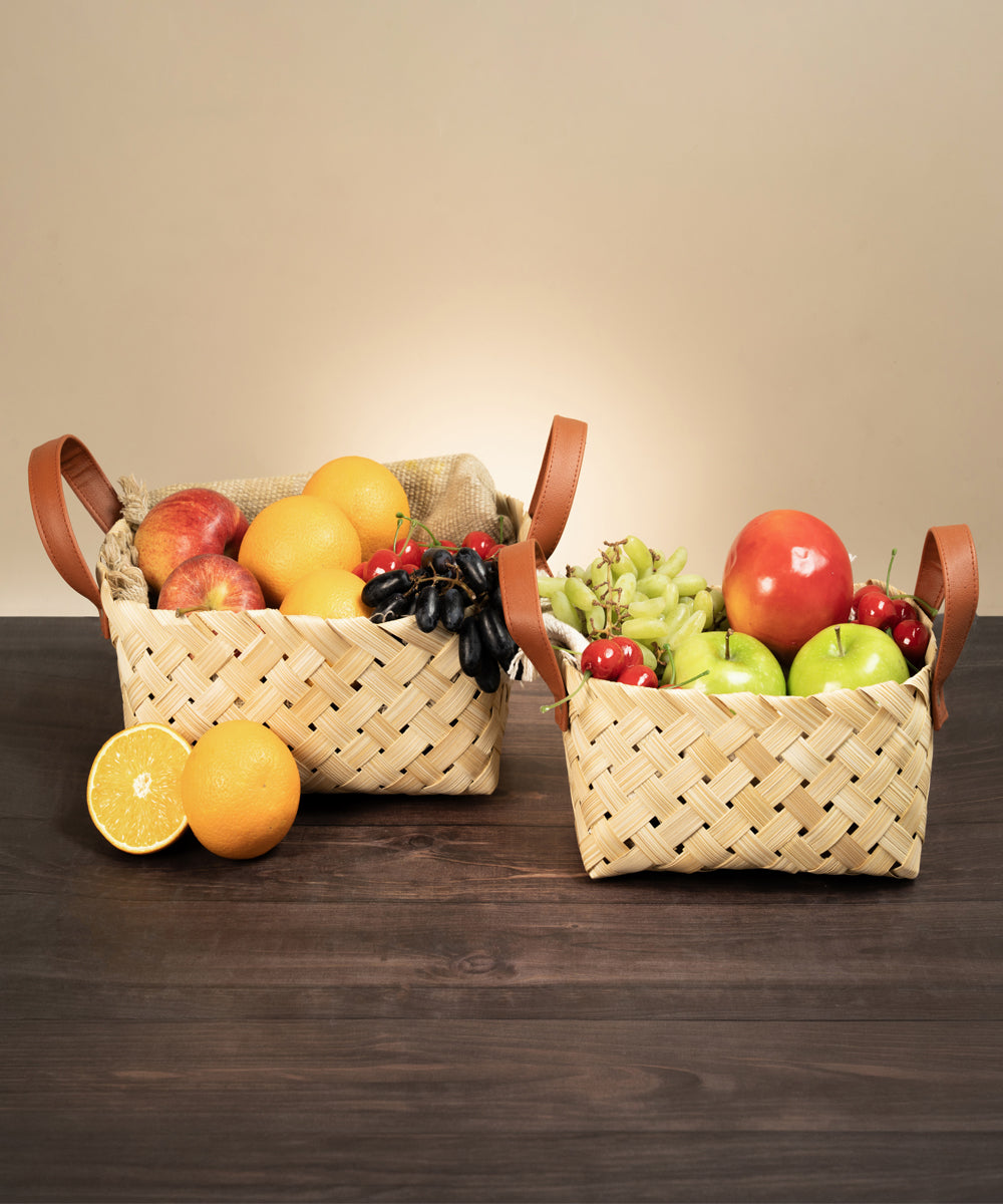 Avella Handcrafted Bamboo Basket with Handles - Setr of 2