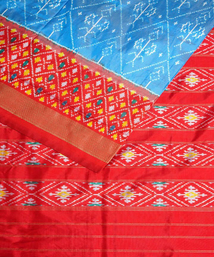 Sky blue red handwoven pochampally ikat silk saree