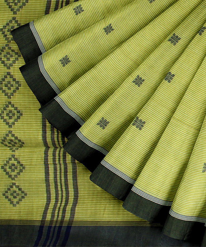 Olive green black handloom cotton bengal saree