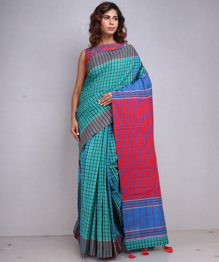 Green red handloom cotton gamcha saree