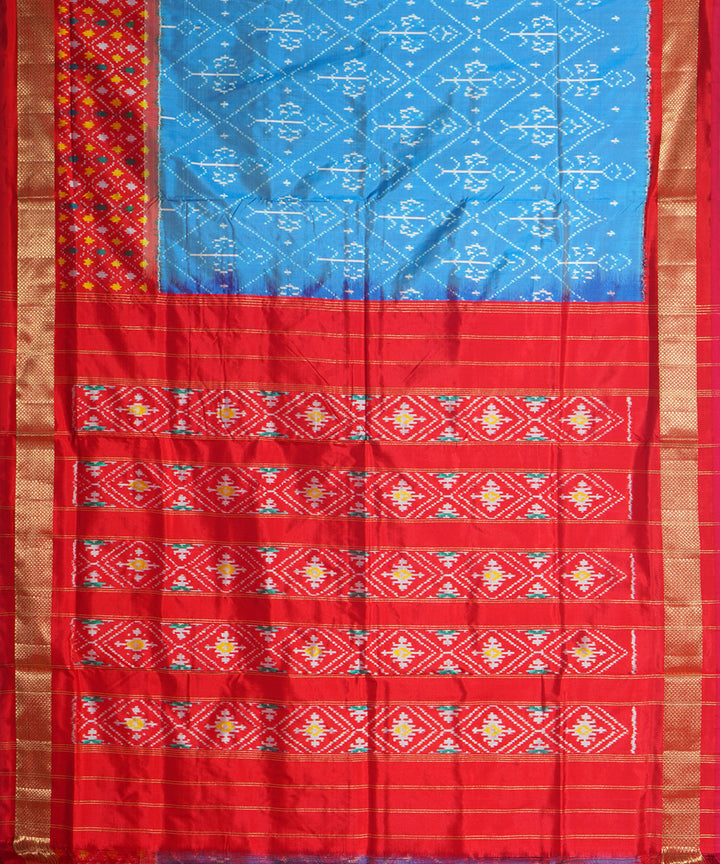 Sky blue red handwoven pochampally ikat silk saree