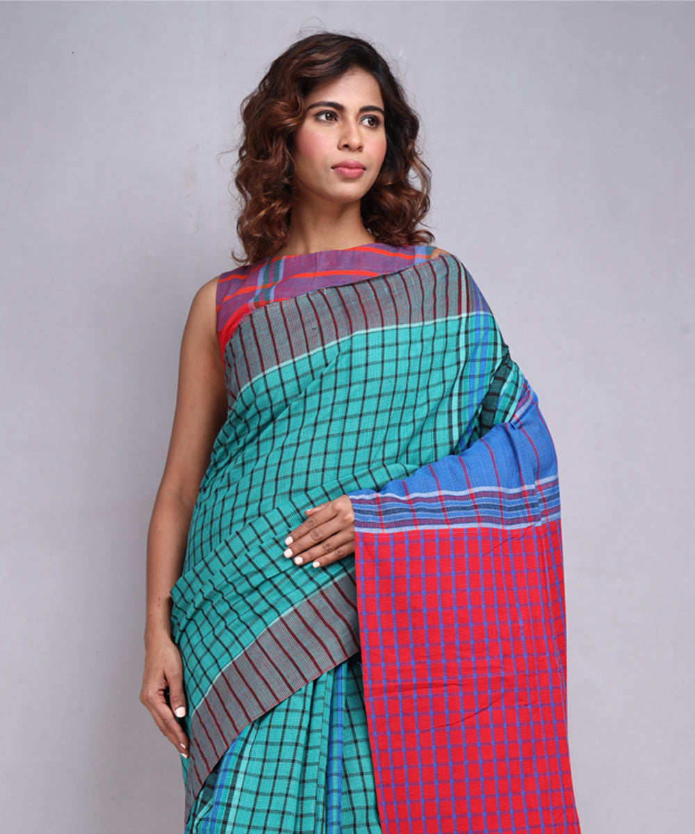 Green red handloom cotton gamcha saree