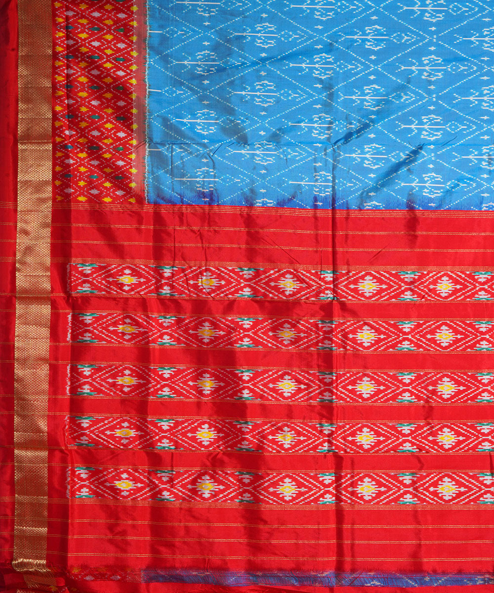 Sky blue red handwoven pochampally ikat silk saree