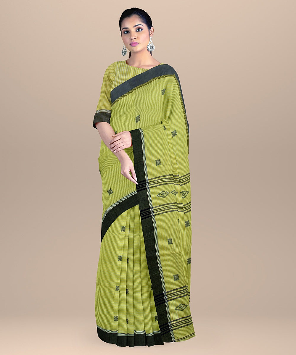 Olive green black handloom cotton bengal saree