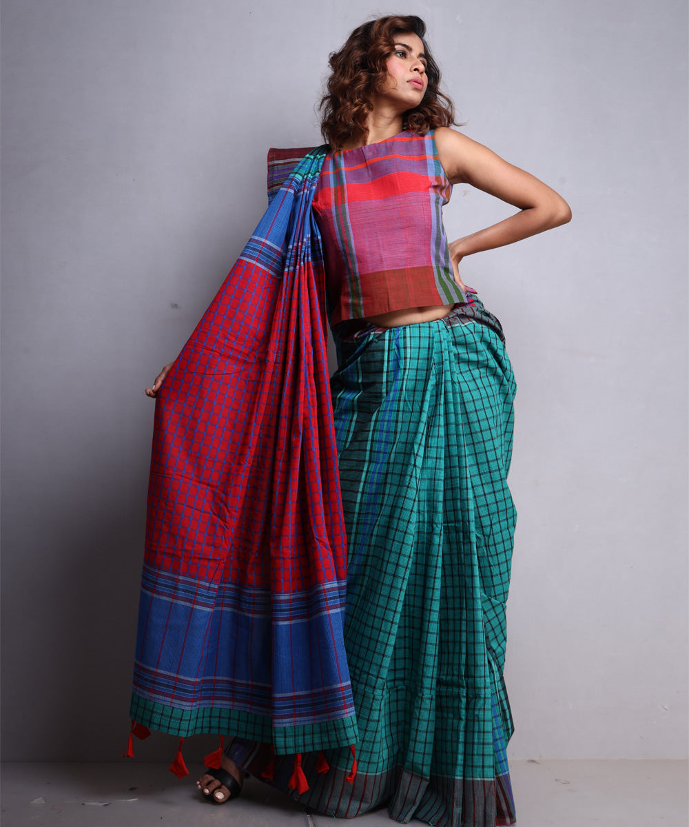 Green red handloom cotton gamcha saree