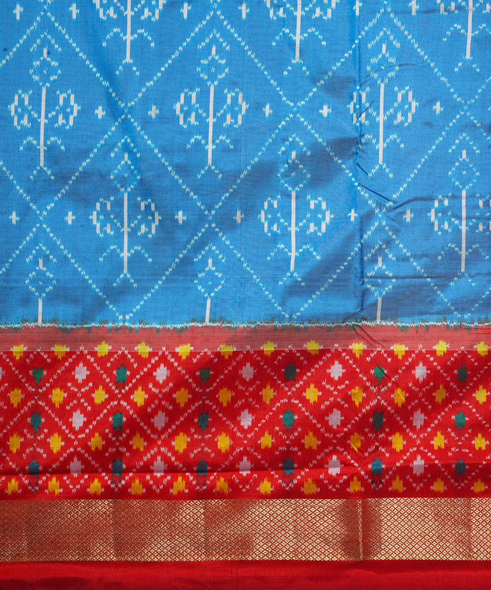 Sky blue red handwoven pochampally ikat silk saree