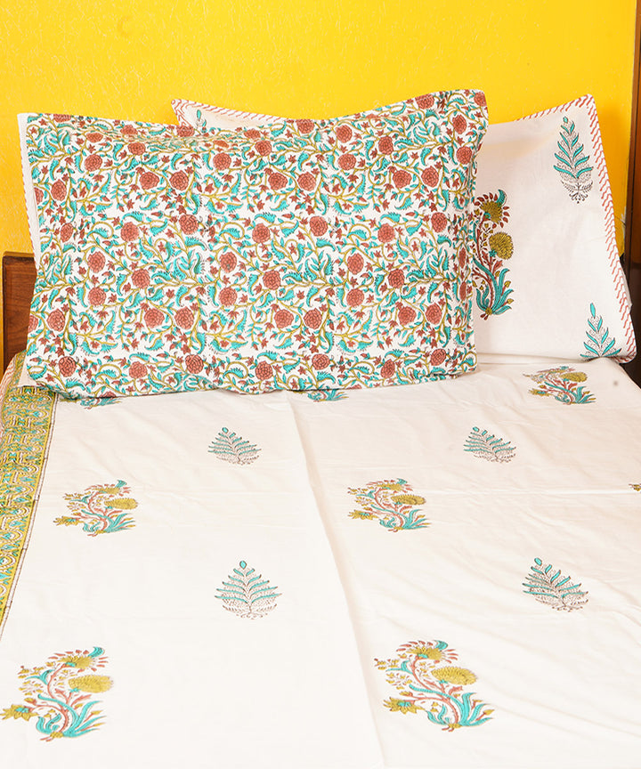 White base cotton hand block printed double bedsheet