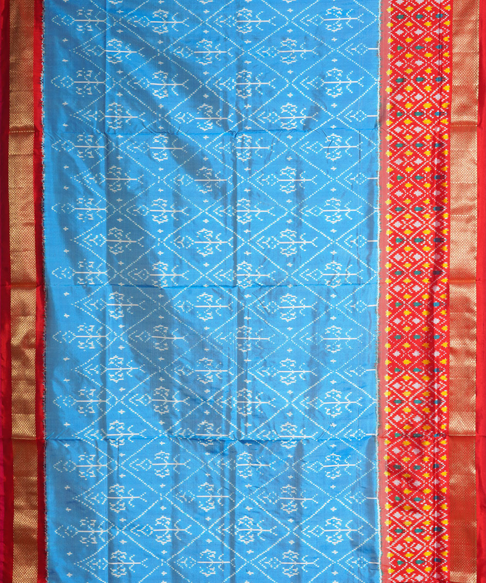 Sky blue red handwoven pochampally ikat silk saree