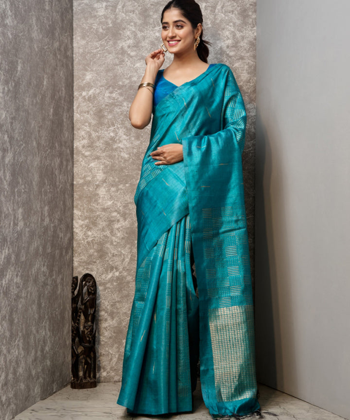 Cyan blue handwoven chhatisgarh tussar silk saree
