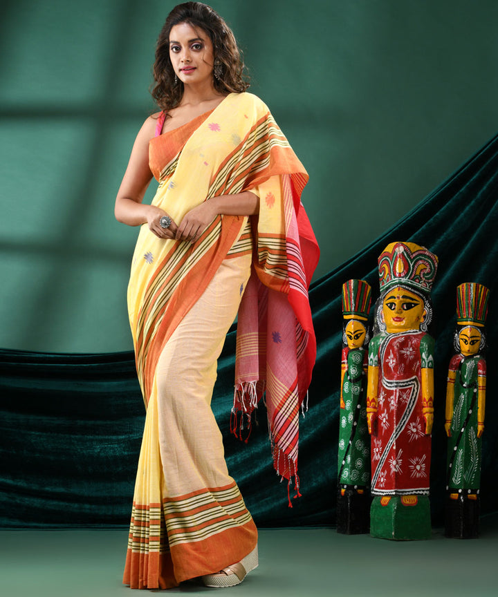 Yellow orange bengal handloom cotton saree