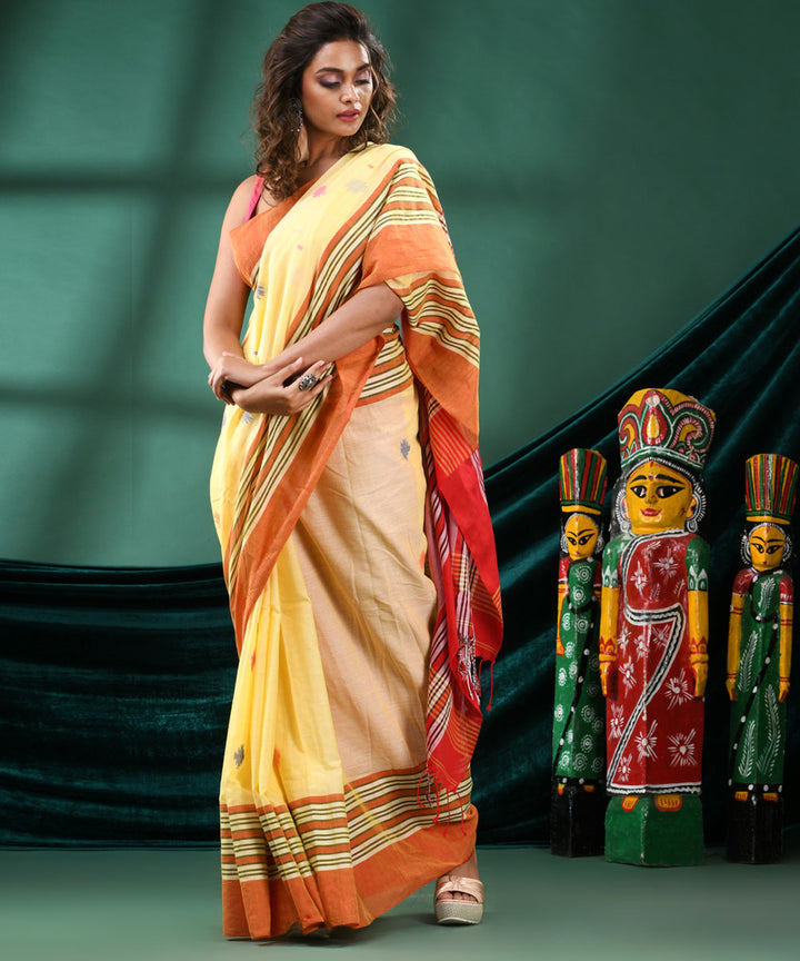 Yellow orange bengal handloom cotton saree