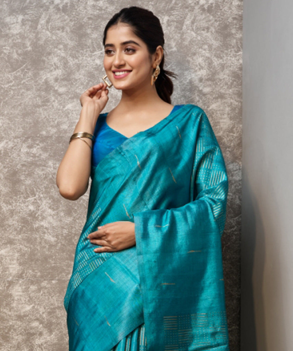 Cyan blue handwoven chhatisgarh tussar silk saree