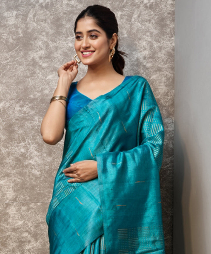 Cyan blue handwoven chhatisgarh tussar silk saree