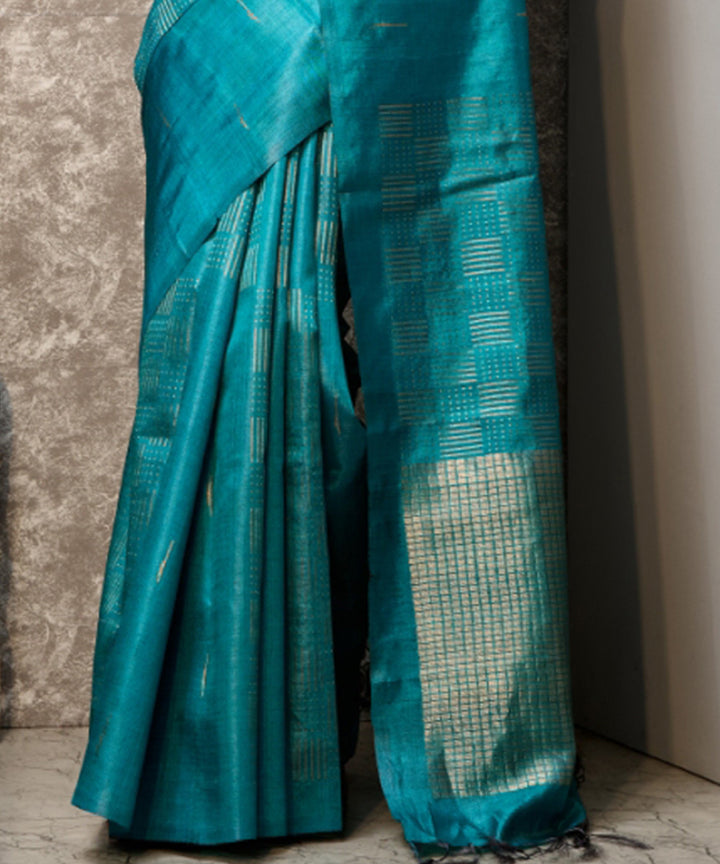 Cyan blue handwoven chhatisgarh tussar silk saree