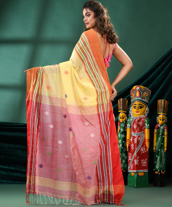 Yellow orange bengal handloom cotton saree