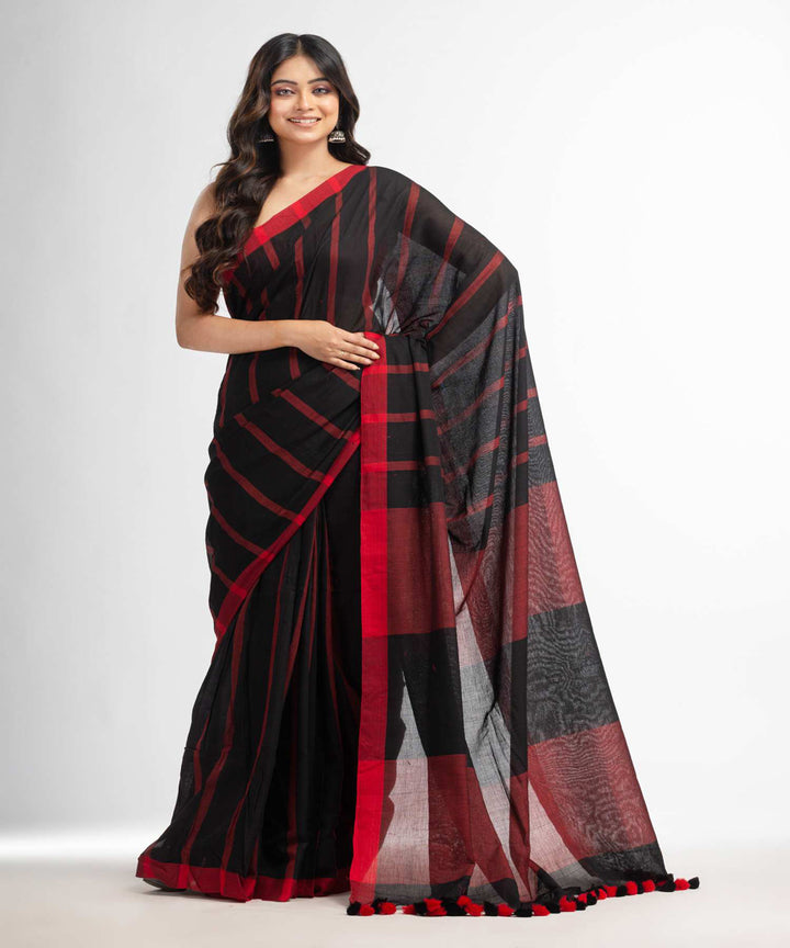 Black red handwoven bengal cotton saree