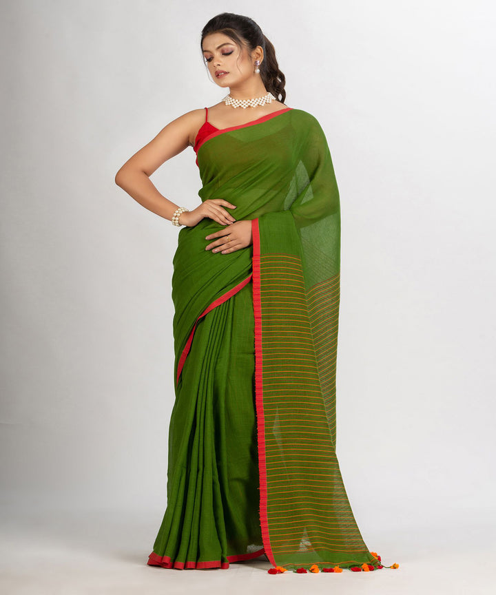 Pista green handwoven cotton stripes bengal saree