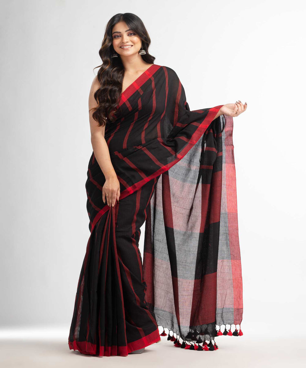 Black red handwoven bengal cotton saree