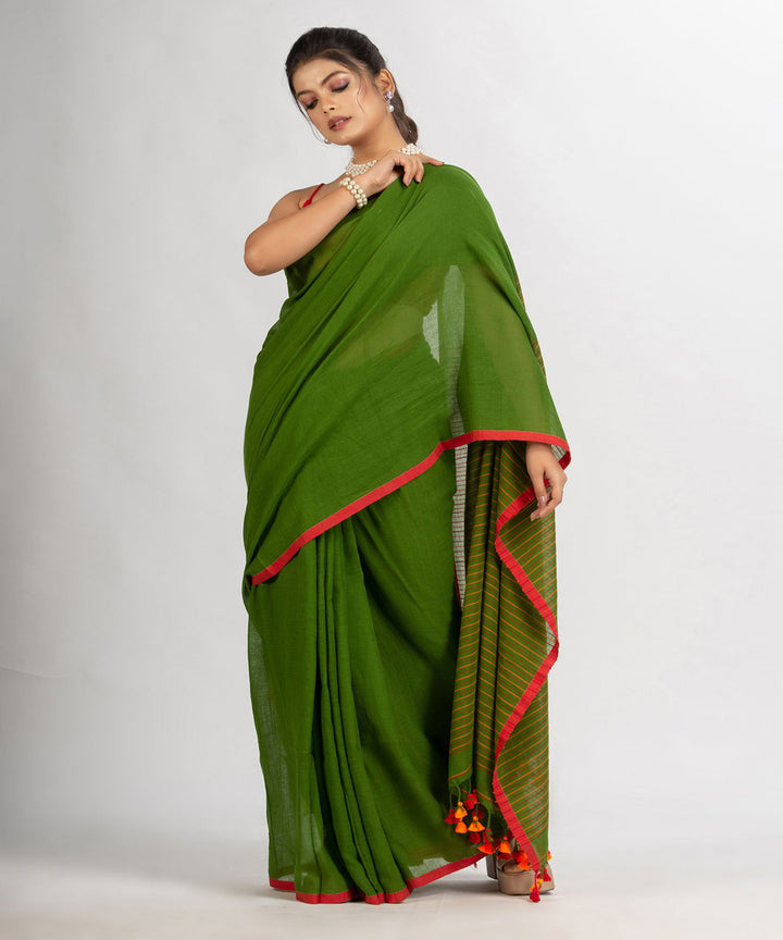 Pista green handwoven cotton stripes bengal saree