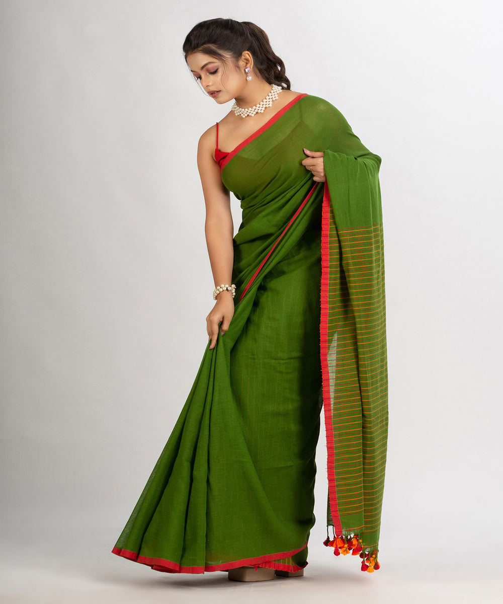 Pista green handwoven cotton stripes bengal saree