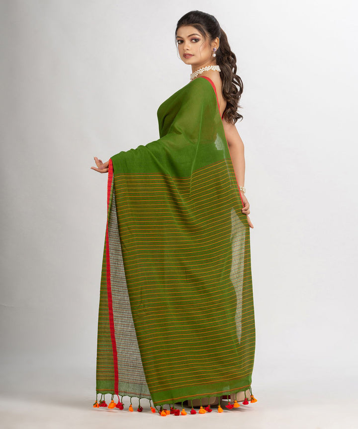 Pista green handwoven cotton stripes bengal saree