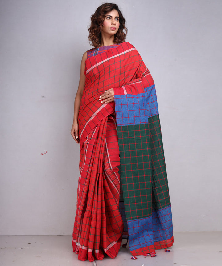 Red green cotton gamcha handloom saree