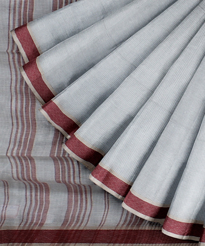 Cream maroon handloom cotton bengal saree