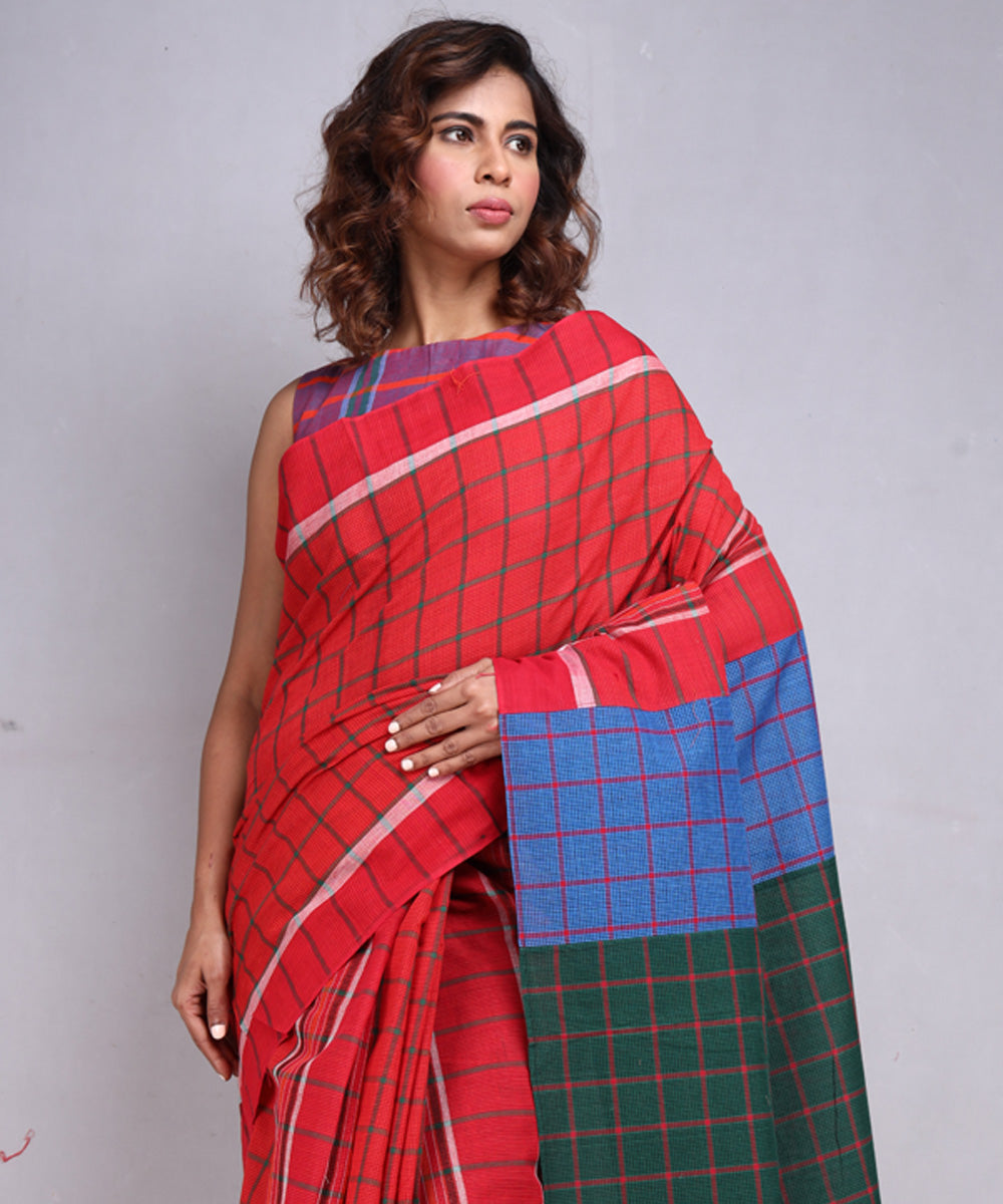 Red green cotton gamcha handloom saree