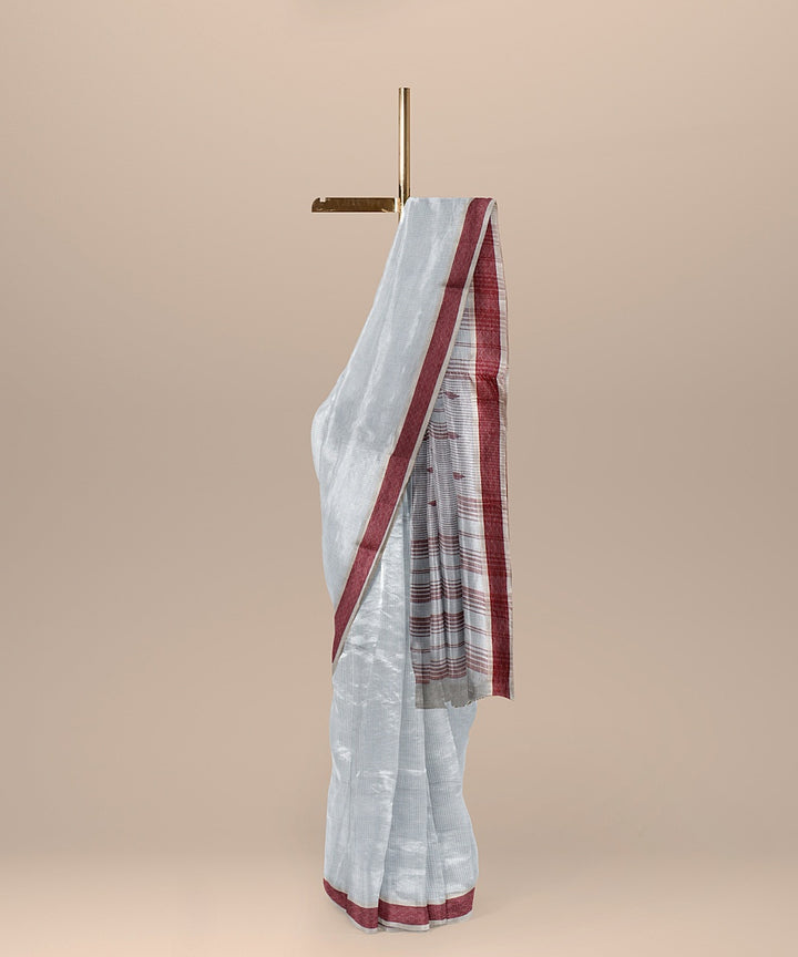 Cream maroon handloom cotton bengal saree