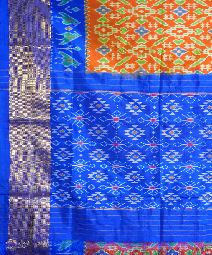 Orange blue handwoven pochampally ikat silk saree