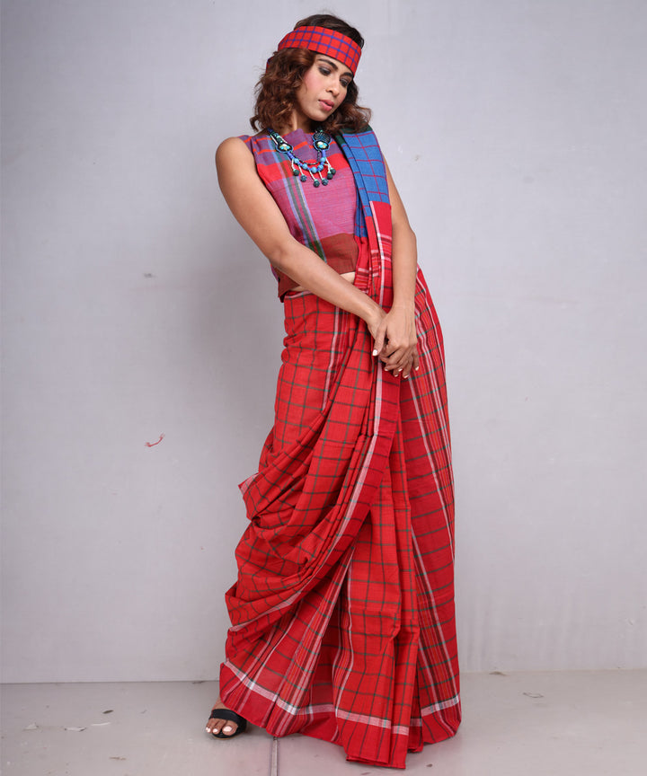 Red green cotton gamcha handloom saree