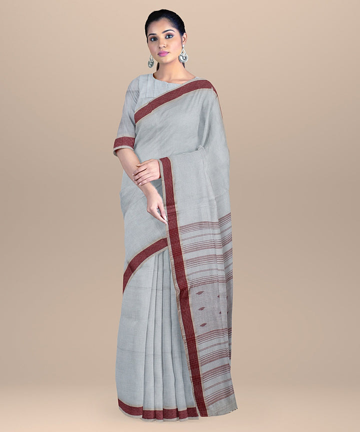 Cream maroon handloom cotton bengal saree