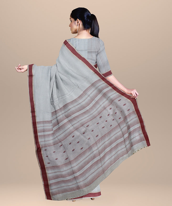 Cream maroon handloom cotton bengal saree