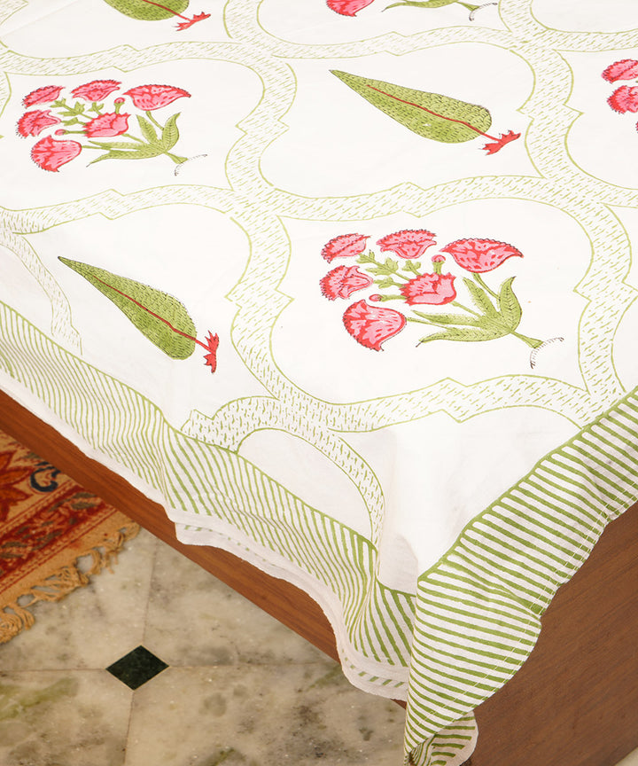 White green cotton hand block print double bedsheet