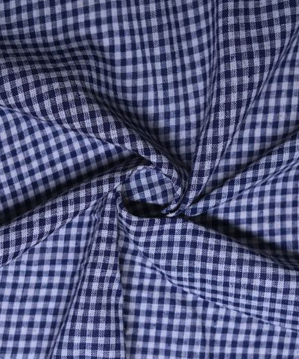 Navy blue small checks handspun handwoven cotton fabric