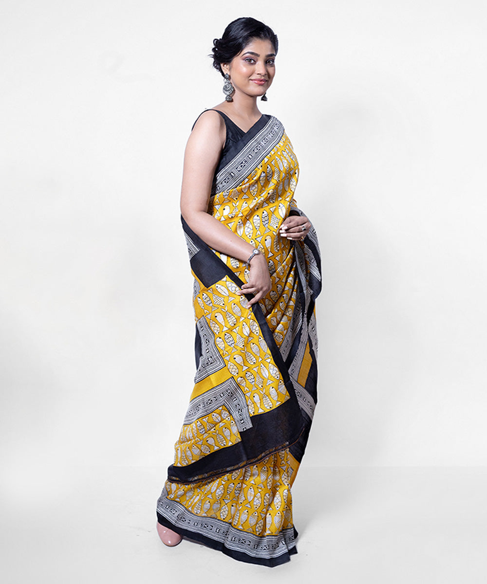 Yellow black silk hand block printed saree