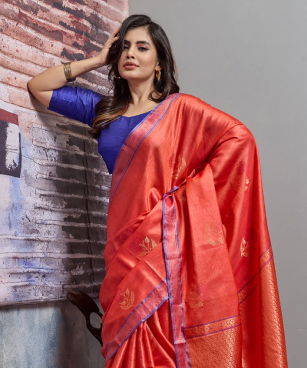 Orange red chhatisgarh tussar silk handwoven saree