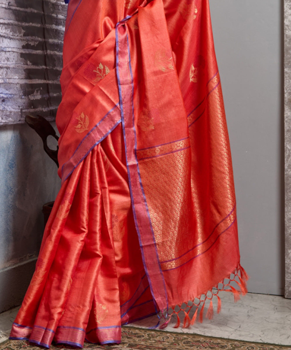 Orange red chhatisgarh tussar silk handwoven saree