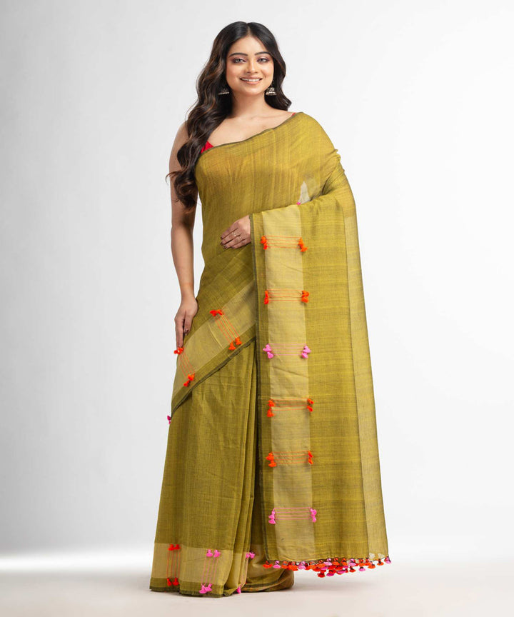 Fern green red handwoven bengal cotton saree