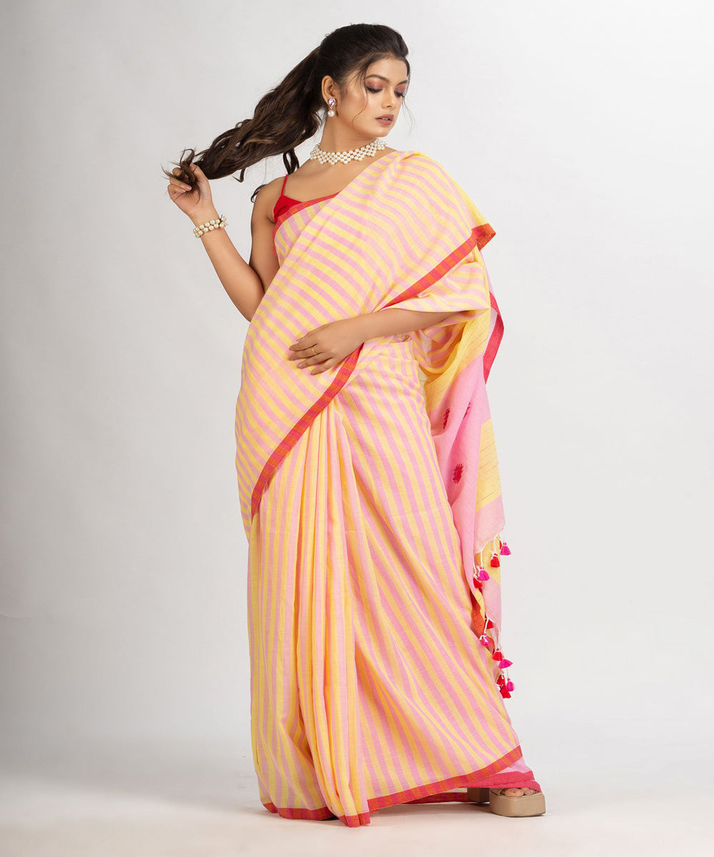 Pink yellow handloom cotton stripes bengal saree