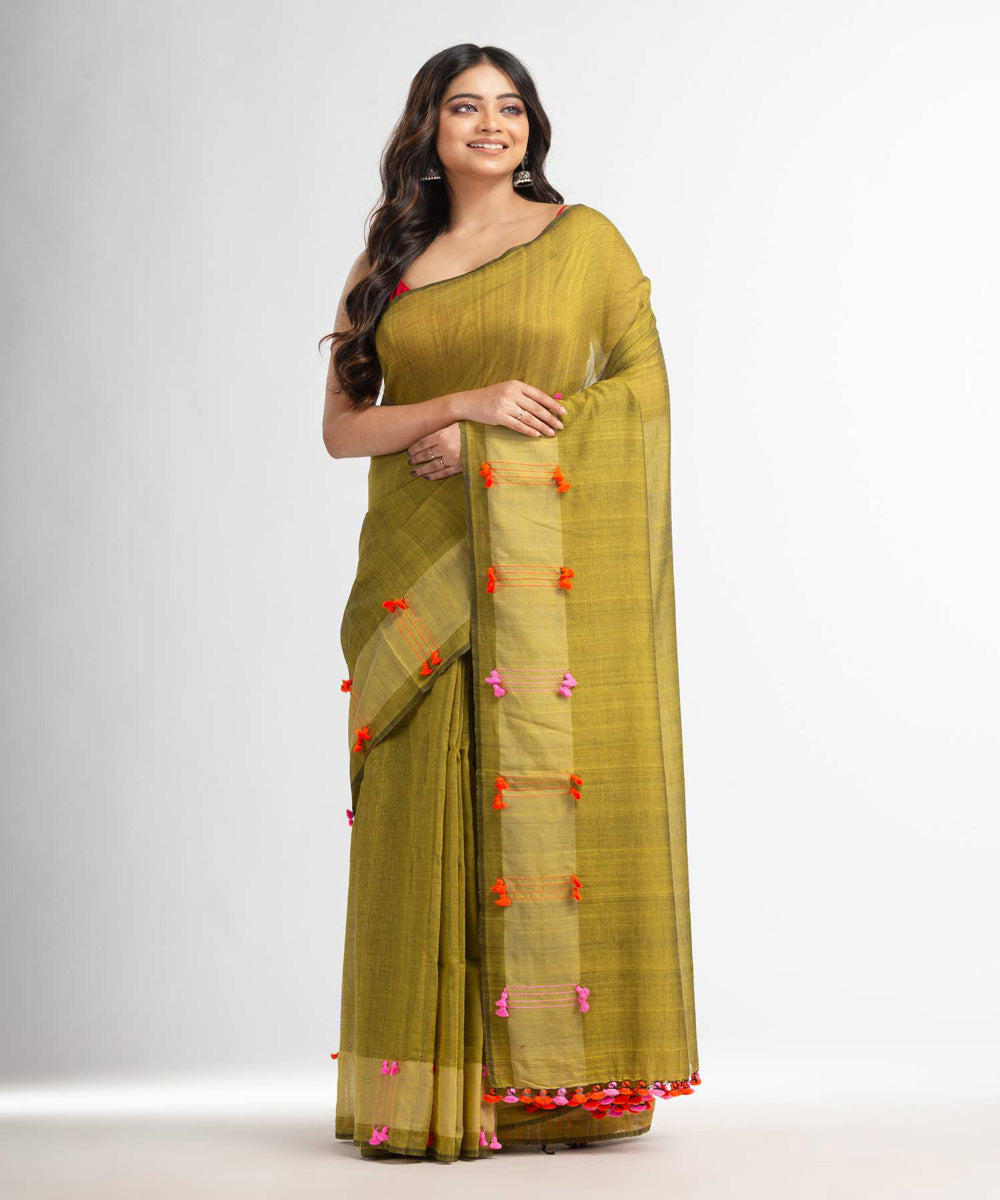 Fern green red handwoven bengal cotton saree