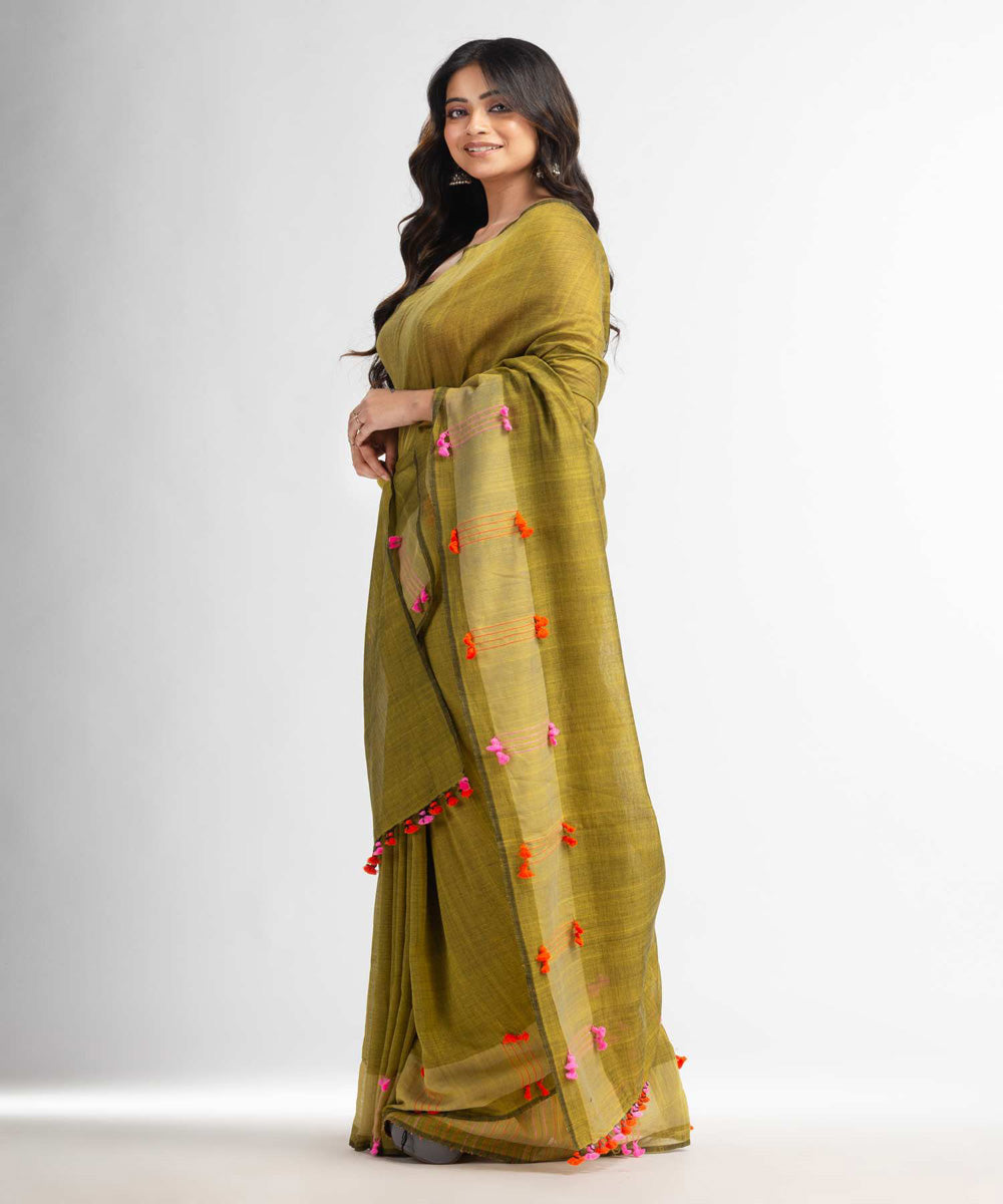 Fern green red handwoven bengal cotton saree