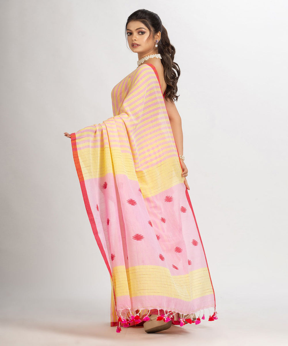 Pink yellow handloom cotton stripes bengal saree